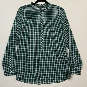 J.Crew Green High Neck Ruffle Popover Mini Windowpane Shirt Top Cottage 10T
